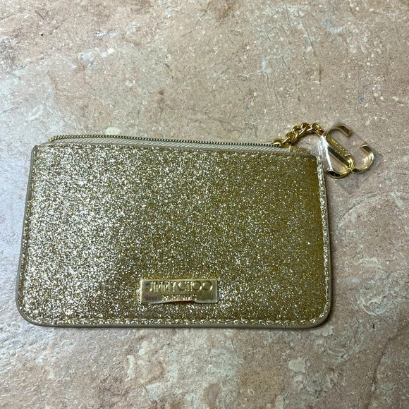 Jimmy Choo Gold Glitter Mini Wallet Coin Card ID Pouch Charm Logo - Picture 11 of 12